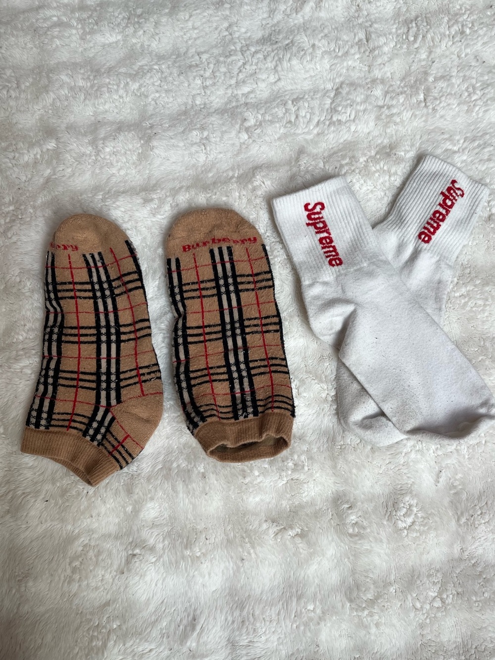 Supreme White & Burberry Tan Plaid Socks - White with Red Logo, Tan Plaid